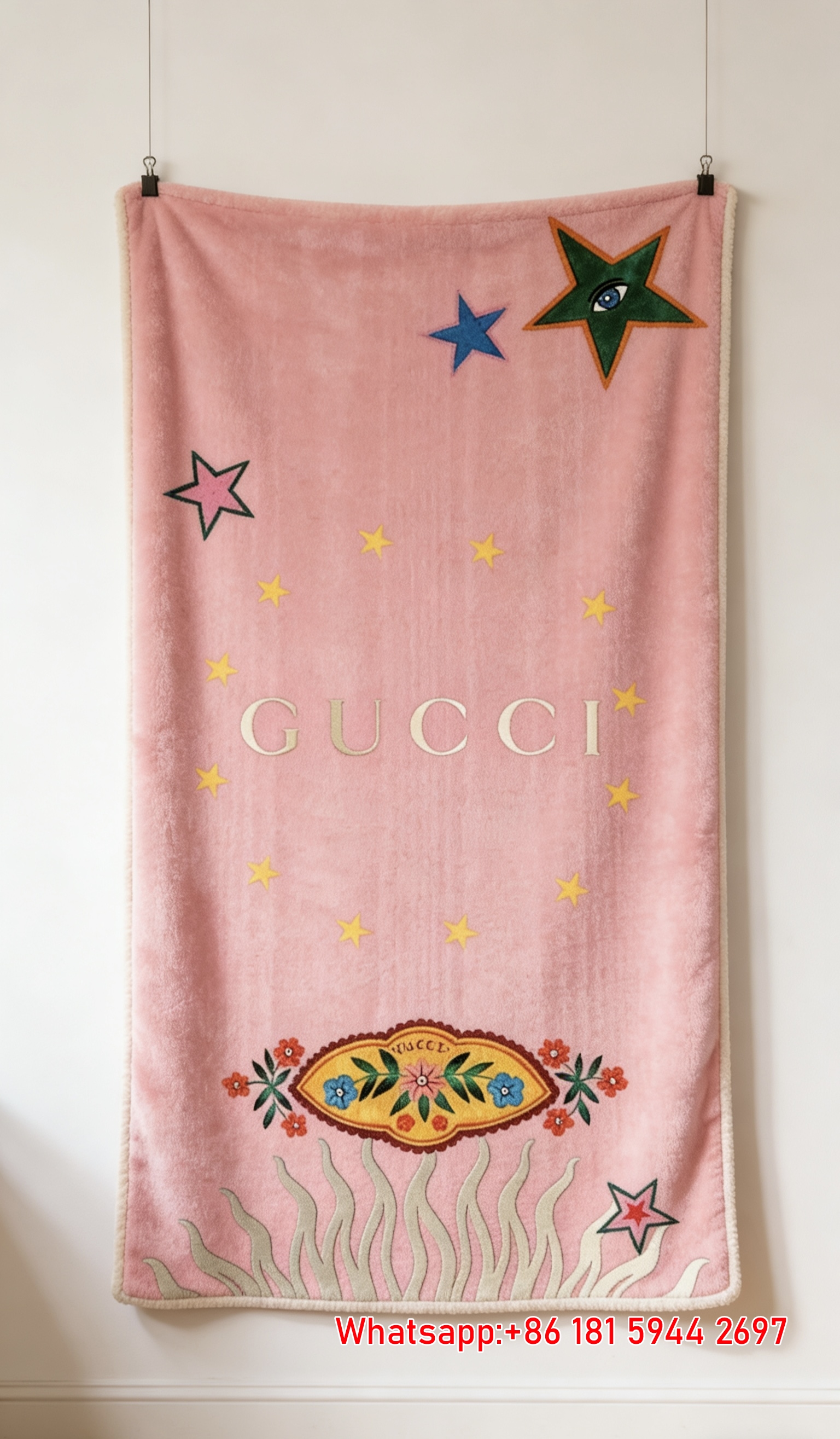 Pink Gucci Star Floral Flannel Blanket Wall Hanging throw blankets